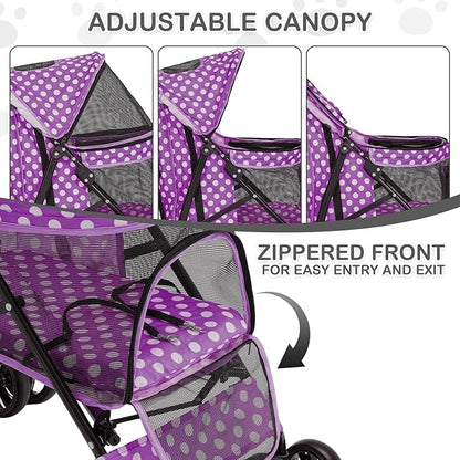 MoNiBloom 4 Wheels Pet Stroller, Easy-Fold Umbrella Shaped Dog Cat Jogger Stroller w/Storage Bag &amp; Visible Mesh for Small/Medium Dogs Cats Purple Polka Dots