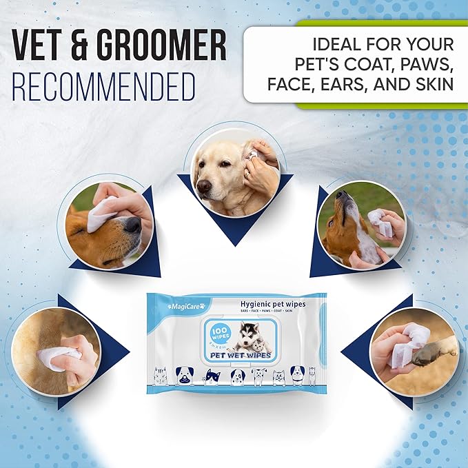 MAGICARE Pet Wipes – 100 pcs Dog Wipes – 8x8 Inch Unscented Dog Paw Cleaner Wipes for Body, Ears, Face, and Skin – Ultra Thick and Soft with Hypoallergenic Formula – Ideal Pet Wipes for Dogs &amp; Cats