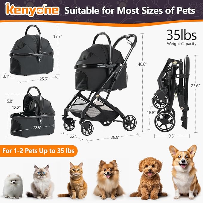 Kenyone 3-in-1 Pet Stroller for Small Medium Dogs Puppy Cat Stroller with Detachable Carrier &amp; Pad Lightweight Foldable Aluminum Alloy Frame Dual No-Zip Entry(Black)
