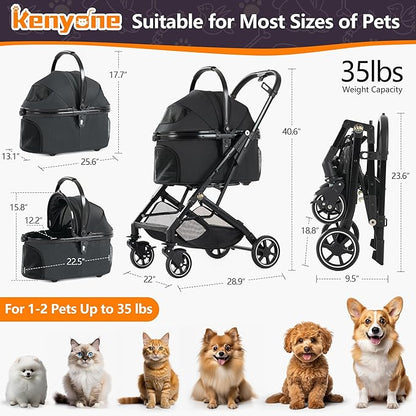 Kenyone 3-in-1 Pet Stroller for Small Medium Dogs Puppy Cat Stroller with Detachable Carrier &amp; Pad Lightweight Foldable Aluminum Alloy Frame Dual No-Zip Entry(Black)