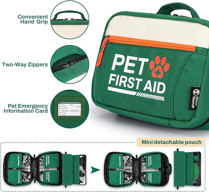 RHINO RESCUE Pet First Aid Kit, Emergency Medical Supplies for Dogs &amp; Cats, Safety Essentials Pack with Thermometer, Disposable Booties for Home, Hiking, Traveling &amp; Camping