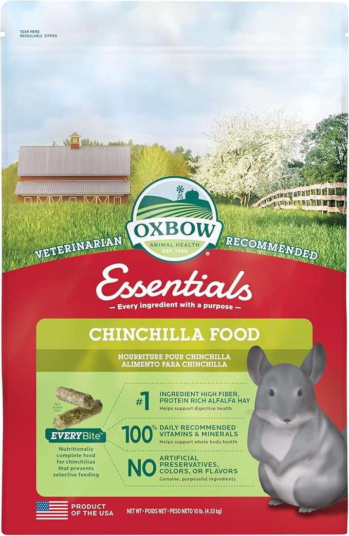 Oxbow Essentials Chinchilla Food, Made with Oxbow Alfalfa, Vitamin &amp; Mineral Rich Food for Chinchillas, Small Animal Pet Pellets, Made in USA, High Fiber, 10 lb Bag