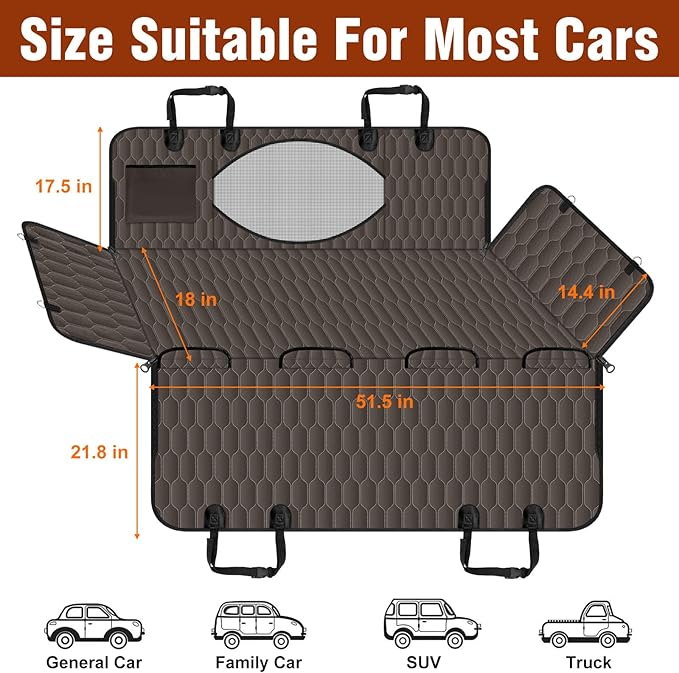 Waterproof Dog Car Seat Cover - Scratch Proof Nonslip Back Seat Hammock with Mesh Window &amp; Storage Pocket for SUVs/Trucks/Sedans-S, Brown/Black
