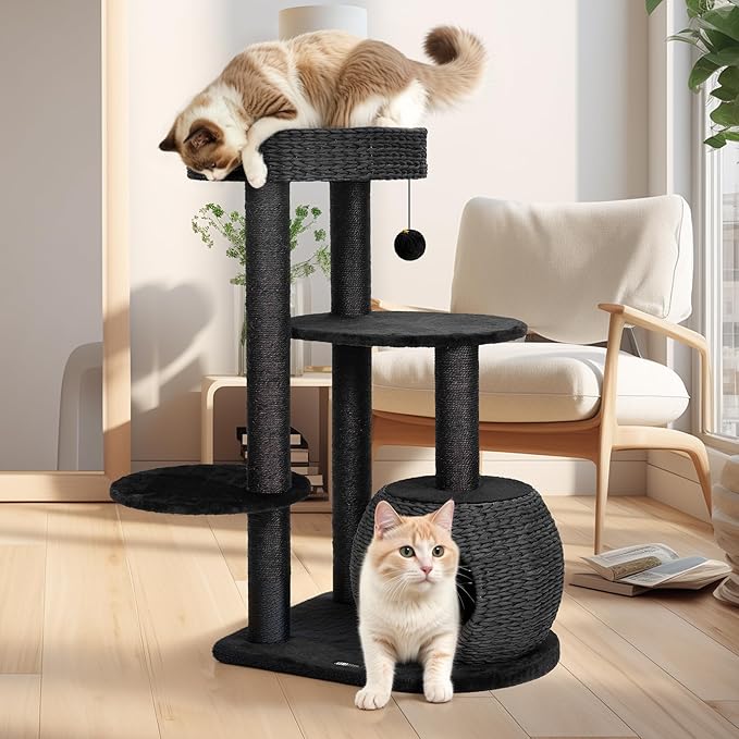 KAMABOKO Modern Cat Tree, 39" Tall Cat Tree Black for Kittens Climb Play &amp; Rest, Cat Trees for Indoor Cats w/Natural Sisal Scratching Posts, Hand-Woven Condo &amp; Top Perch