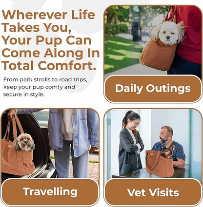 Corduroy Dog Carrier - Lightweight Cotton Soft-Sided Pet Tote with Safety Harness Clip - Breathable Travel Carrier for Small Dogs and Puppies (Brown)