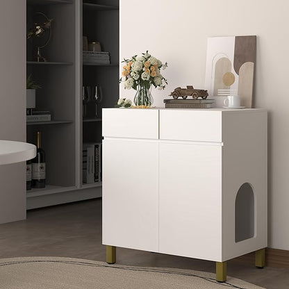 Large/Tall Litter Box Enclosure, Modern Wooden Litter Box Furniture for XL Litterbox with Drawer as Sideboard Cabinet (White)