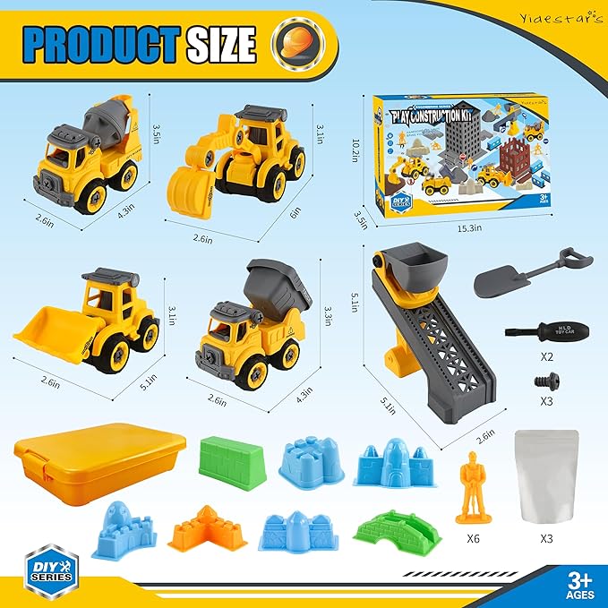 Construction Sandbox with Lid - 4 Vehicles with 1 Conveyor, 8 Castle Molds, 6 Figures &amp; 3lbs Moldable Sand - Preschool Sensory Bin for Fine Motor Skills, Ages 3-6