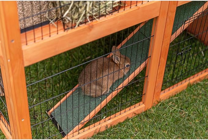 TRIXIE natura Outdoor Deluxe Rabbit Hutch with Run - Large 2-Story Rabbit Cage with Non-Slip Ramp - Elevated Small Animal House with Secure Playpen, Hinged Roof &amp; Two Pull-Out Trays - in Natural