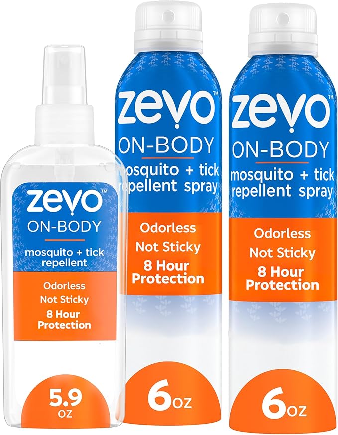 Zevo On-Body Tick &amp; Mosquito Repellent Spray - 8-Hour Insect &amp; Bug Spray - Odorless, Non-Sticky Formula for The Whole Family (1 Pump Bottle &amp; 2 Aerosol Bottles)