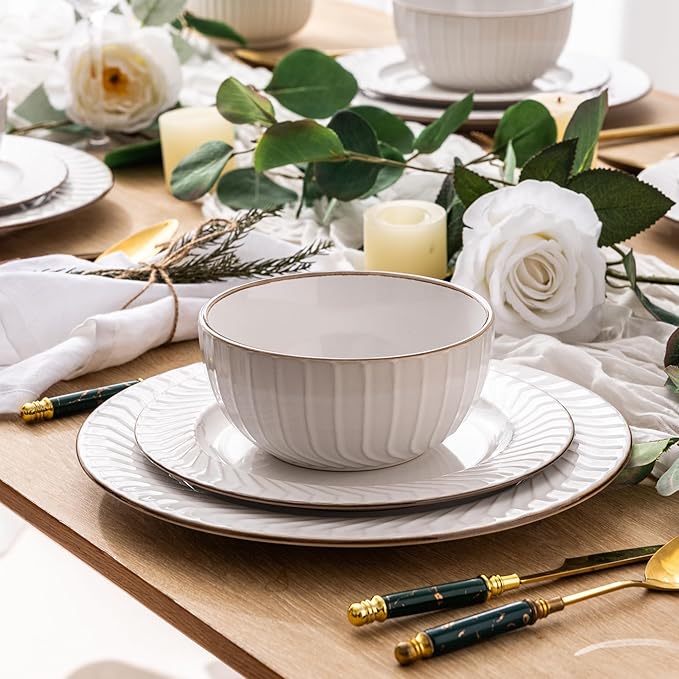 GBHOME Ceramic Dinnerware Sets,12 pcs Embossed Elegant Stoneware Plates and Bowls Sets, Housewarming Wedding Gift | Dishwasher &amp; Microwave Safe | Dishes Set Service for 4