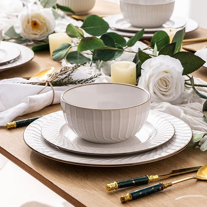 GBHOME Ceramic Dinnerware Sets,12 pcs Embossed Elegant Stoneware Plates and Bowls Sets, Housewarming Wedding Gift | Dishwasher &amp; Microwave Safe | Dishes Set Service for 4