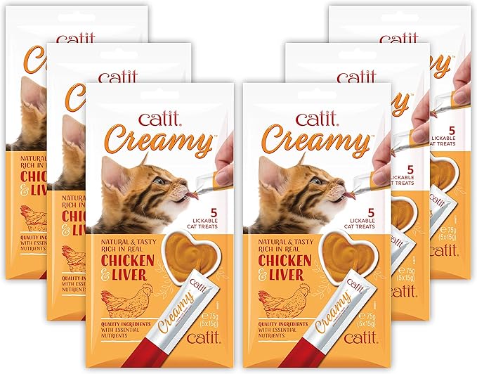 Catit Creamy Lickable Cat Treat, Healthy Cat Treat, Chicken &amp; Liver, 5 Count (Pack of 30)