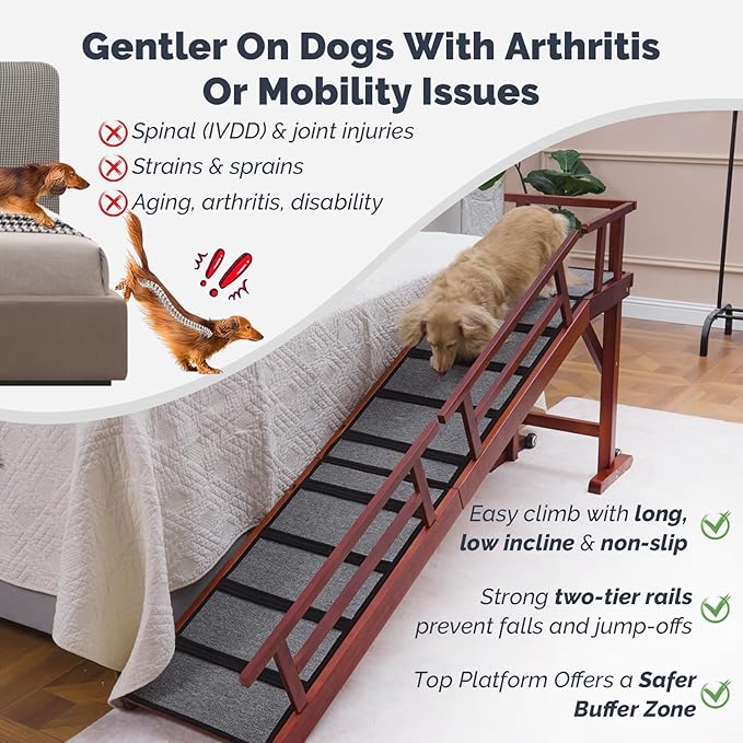 Dog Ramp for Bed or Couch, Wooden Pet Ramp with 20° Gentle Slope, Removable Side Rails, Non-Slip Surface, Top Platform &amp; Wheels, Safe Bed Ramp for Small, Medium &amp; Senior Dogs, 74" Long, Mahogany