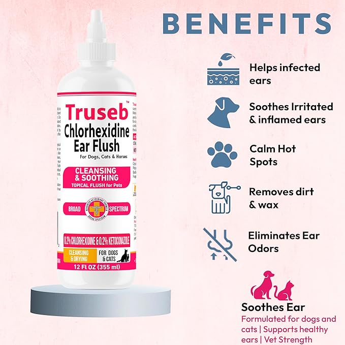 Truseb Advanced Topical Dog Ear Wash with Ketoconazole &amp; Chlorhexidine Ear Flush Dog, Cats and Horses, with Aloe - 12 oz Made in U.S.A (Ketoconazole &amp; Chlorhexidine Ear Flush, 12 oz)