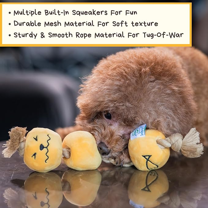 Curry Fishball Soft Plush Squeaky Dog Pull Toy - Durable, Iconic, Cute &amp; Fun Rope Toy for Interactive Bonding Time, Sliding Mechanism, Hide Food for Puzzle Play, Small Medium Dogs