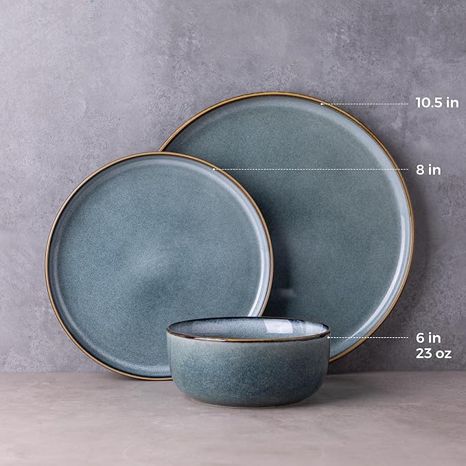 GBHOME Ceramic Dinnerware Sets for 6, 18 Pieces Stoneware Plates and Bowls Sets, Scratch Resistant Dishes, Dishwasher &amp; Microwave Safe, Space Blue