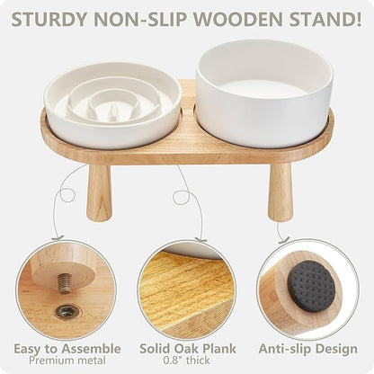 Ceramic Slow Feeder and Water Bowl Set for Small Dogs, Ceramic Dog Bowls Elevated with Wooden Stand, 0.6 Cups Dog Slow Feeder(14oz) and 30oz Water Bowl Set, White
