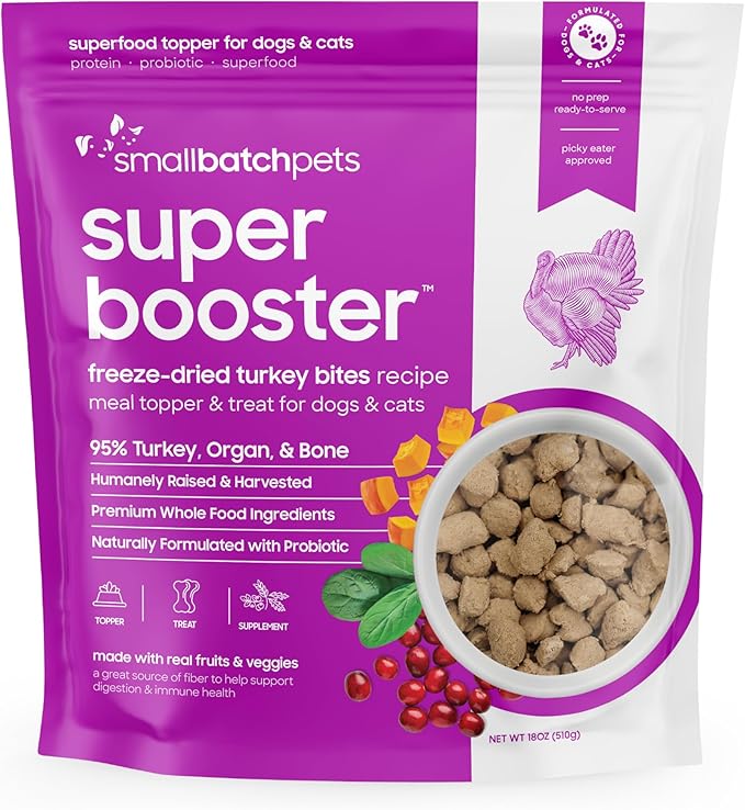 smallbatch Freeze Dried Dog Treats, Superfood Food Topper Turkey Bites for Dogs &amp; Cats, Probiotics, Organic Ingredients, High Protein, Grain Free Healthy Food Topper, Made in The USA, 18 oz Bag