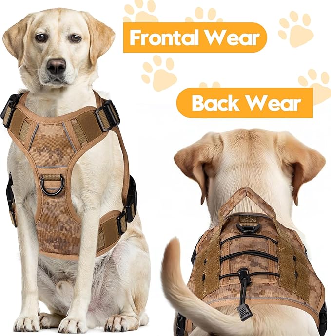 Heavy-Duty Tactical Dog Harness for Large Dogs, No Pull Adjustable Reflective Pet Vest with Molle System, K9 Military-Grade Control for Service Training, Outdoor &amp; 10+ Breeds, Khaki Camo, Medium