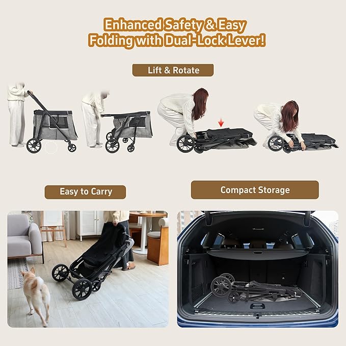 Medium Dog Stroller for Small to Large Dogs 4 Wheels Multi Pet Stroller for 4 Dogs Holds Up to 66lbs, One-Click Folding&amp;Smooth Tires&amp;Sunshade &amp; Storage Basket (Gray, Medium)
