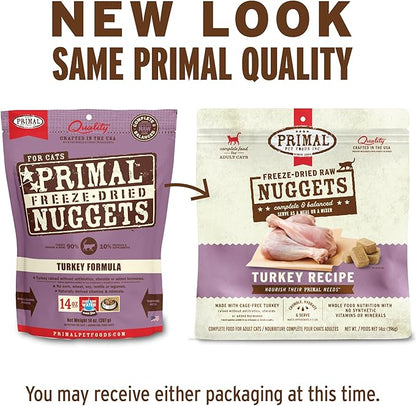 Primal Freeze Dried Raw Cat Food Nuggets Turkey, Complete &amp; Balanced Meal or Topper, Premium, Healthy, Grain Free, High Protein Raw Cat Food with Probiotics (14 oz)