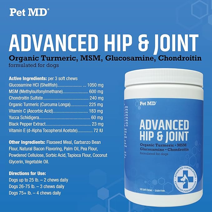 Pet MD Glucosamine for Dogs | Dog Joint Supplement with Glucosamine, Chondroitin &amp; MSM - Inflammatory Pain Relief Chews for Hip &amp; Joints - Bacon Flavored - Includes Yucca &amp; Turmeric - 120 Ct