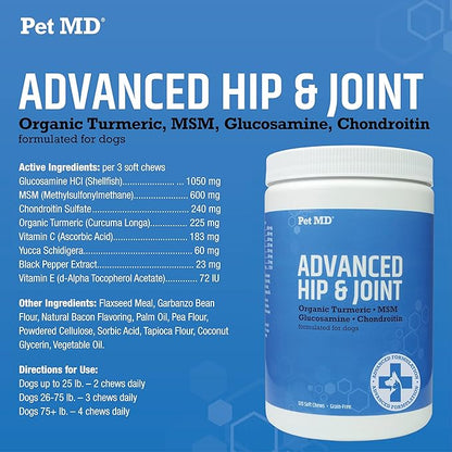 Pet MD Glucosamine for Dogs | Dog Joint Supplement with Glucosamine, Chondroitin &amp; MSM - Inflammatory Pain Relief Chews for Hip &amp; Joints - Bacon Flavored - Includes Yucca &amp; Turmeric - 120 Ct