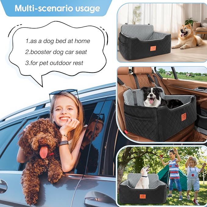Dog Car Seat for Medium/Large Dogs,Dog Booster Seat for Dog Under 50lbs or 2 Small Dogs, Detachable and Washable Pet Car Seat,Multi-Functional Travel Dog Bed &amp; Dog Sofa(Black/Grey)