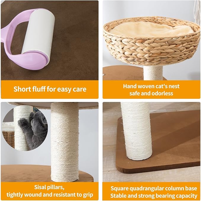 Large Wood Cat Tree Tower for Indoor Cats, Multi-Cats Scratching Post &amp; Cat Condo with Handwoven Cat House Basket, Thick Sisal Posts, Modern Stable Cats Tower Furniture