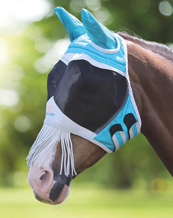 Shires Fine Mesh Horse Equine Fly Mask with Ears &amp; Nose Fringe UV Protection (Extra Full, Teal