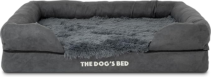 The Dog’s Bed, Large Grey Fur, Memory Foam, Pain Relief: Arthritis, Hip &amp; Elbow Dysplasia, Post Surgery, Lameness, Supportive, Calming, Waterproof Washable Cover, Veterinary Approved