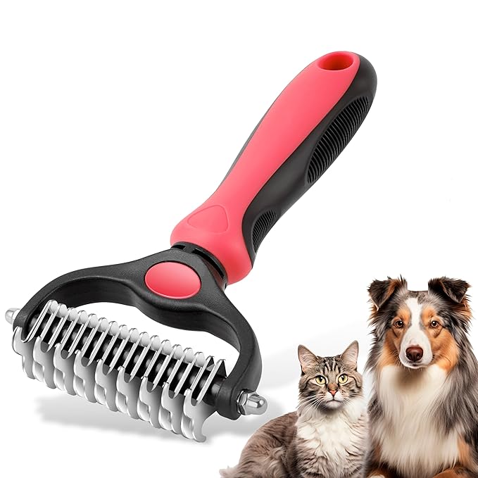 Pet Grooming Brush, Double Sided Undercoat Rake for Dogs &amp; Cats, Professional Deshedding Brush and Dematting Tool, Safe and Effective Removing Knots, Mats, Tangles,and Flying Hair (Pink)