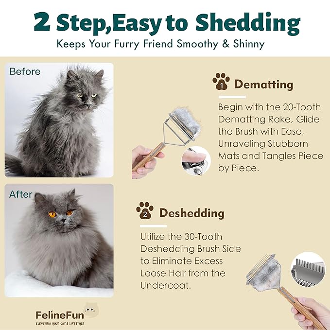 FelineFun Cat Brush for Dematting &amp; Deshedding, 2 in 1 Undercoat Rake, Efficiently Remove Loose Hair &amp; Matted Fur, Professional Shedding Comb for Indoor Cats &amp; Long Haired Cats