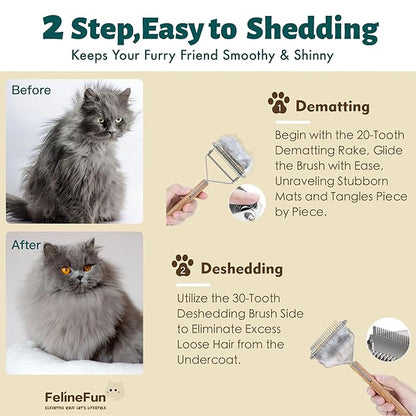 FelineFun Cat Brush for Dematting &amp; Deshedding, 2 in 1 Undercoat Rake, Efficiently Remove Loose Hair &amp; Matted Fur, Professional Shedding Comb for Indoor Cats &amp; Long Haired Cats