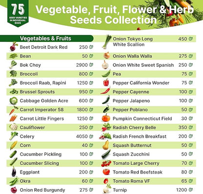 75 Herb &amp; Vegetable Seeds Variety Pack, Garden Seed Starter Kit - Over 47,380 Non-GMO Heirloom Seeds for Planting Vegetables and Herbs Garden Seeds Gift Seed Box with Gardening Supplies, Survival Kit