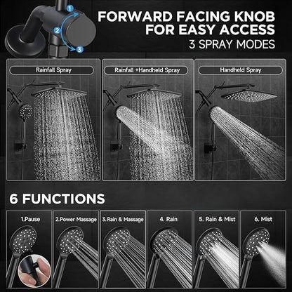 Veken Wide Rain Shower Head with 6 Modes Handheld Water Spray，High Pressure Showerhead Combo with Arm for Bathroom Accessories，Home Decor Adjustable Dual Shower with Anti-Clog Nozzles，Matte Black