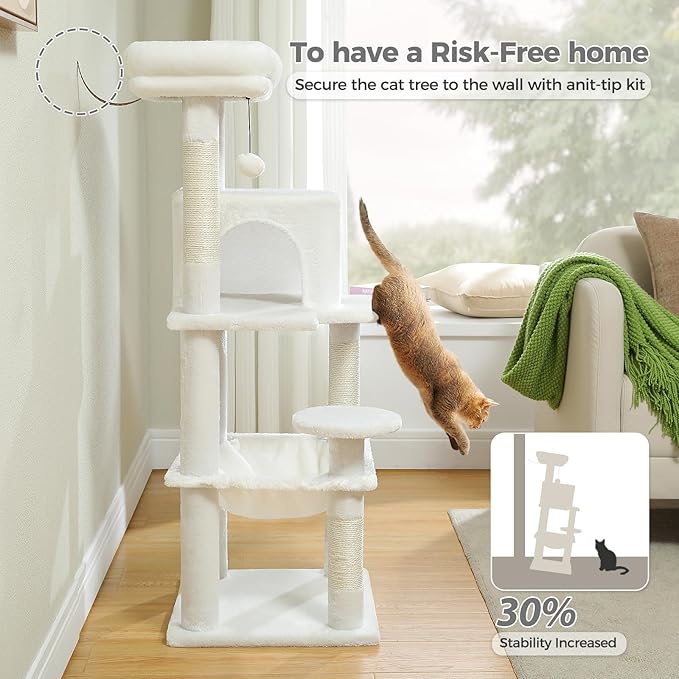 PETEPELA 45.7" Cat Tree for Large Cats, 5-Level Cat Tower for Indoor Cats with Large Hammock (17.3"x15.3"), Cat Condo with (18.5"x13") Big Top Perch &amp; 4 Sisal Covered Scratching Post, White