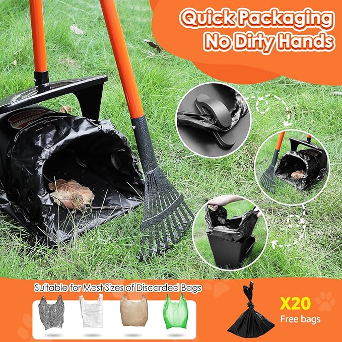 SlowTon Dog Pooper Scooper - 37.4" Long Handle Adjustable Metal Swivel Bin &amp; Rake &amp; Spade Kit with 20 Waste Bags, Portable Pooper Scooper for Gravel Lawn Grass, Suit for Small Medium Large Dog