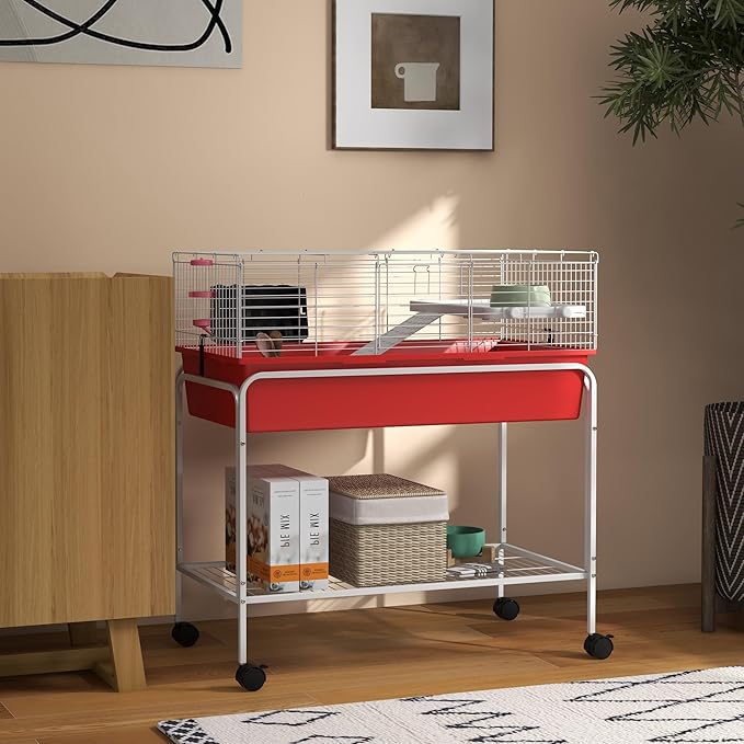 PawHut Two-Story Small Animal Cage Removable from Stand, Guinea Pig Cage with Shelf &amp; Wheels, Pet Habitat for Hedgehog, Chinchilla, Ferret, 33" x 18.5" x 35", Red