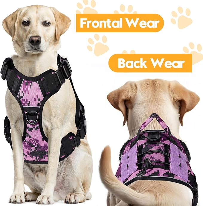 Heavy-Duty Tactical Dog Harness for Large Dogs, No Pull Adjustable Reflective Pet Vest with Molle System, K9 Military-Grade Control for Service Training, Outdoor &amp; 10+ Breeds, Purple Camo, Small