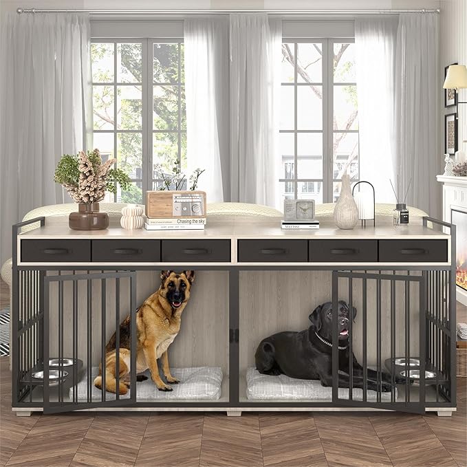 86.6inch Dog Crate Furniture with Storage,Furniture Style TV Stand Dog Kennel for 2 Dogs,with 6 Drawers,Removable Divider&amp;Adjustable Bowls,Heavy Duty Metal Chew-Resistant Dog Crate Furniture