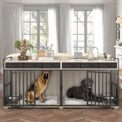 86.6inch Dog Crate Furniture with Storage,Furniture Style TV Stand Dog Kennel for 2 Dogs,with 6 Drawers,Removable Divider&amp;Adjustable Bowls,Heavy Duty Metal Chew-Resistant Dog Crate Furniture