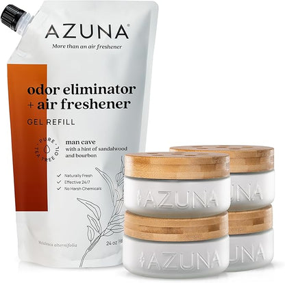 Azuna Air Freshener &amp; Odor Eliminator for Strong Odor | 4 Room Kit Includes (4) Empty Luxe Glass Jars &amp; 24oz Gel Refill with Tea Tree Essential Oil | Sandalwood Scent | Last 60-90 Days