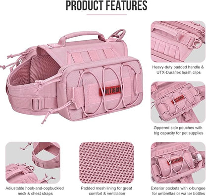 ONETIGRIS Dog Backpack for Medium &amp; Large Dogs, Nylon Backpack for Dogs Tactical Pet Backpack with Side Pockets for Hiking Walking Training Running (Pink, Medium)