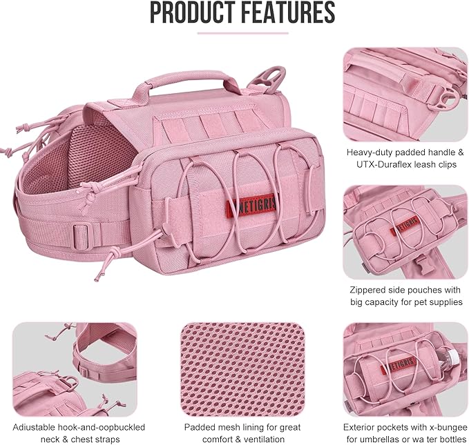 ONETIGRIS Dog Backpack for Medium &amp; Large Dogs, Mammoth Nylon Dog Pack Tactical Backpack Harness with Side Pockets for Hiking Walking Training Running (Pink, Large)