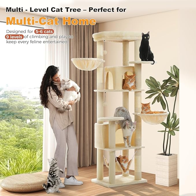 71.2" Tall Cat Tree for Indoor Cats - 9-Level Multi-Cat Tower w/5 Sisal Scratching Posts, 2 Condos, 3 Hammocks, Perch &amp; Pom Poms - Heavy-Duty for Adult Cats, Space-Saving Plush Beige