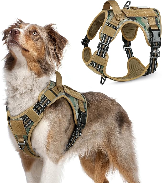 rabbitgoo Tactical Dog Harness Medium Sized Dog, No Pull Military Service Vest with Handle &amp; Molle, Easy Control for Training Walking, Adjustable Reflective Straps, Brown camo, M