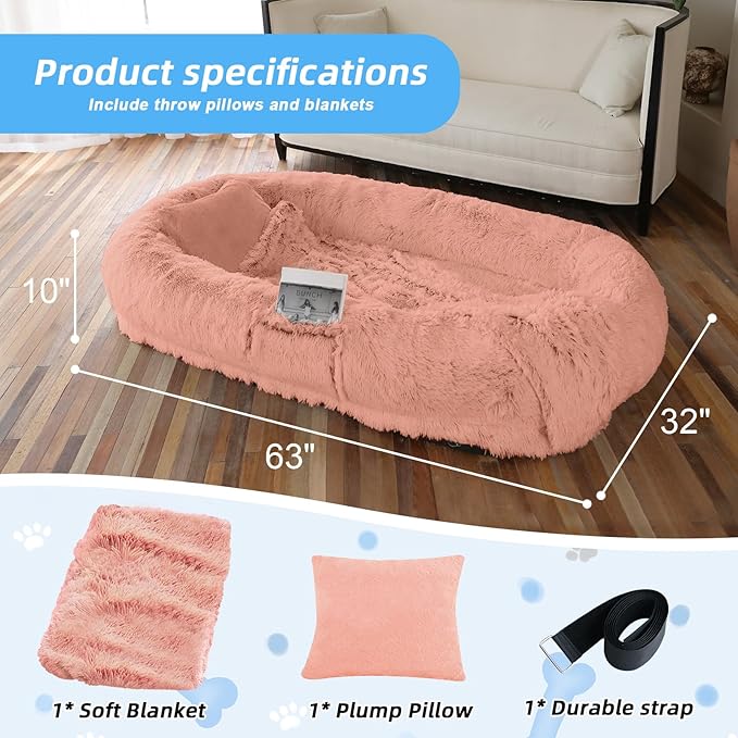 Human Dog Bed for Adults &amp; Pets, 63"x32"x10" Faux Fur Nap Bed with Pillow, Blanket &amp; Strap, Orthopedic Washable Lounger for Sleeping, Relaxing, Cuddling – Pink