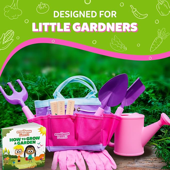 Pink Kids Gardening Tools - includes Sturdy Tote Bag, Watering Can, Gloves, Shovels, Garden Stakes, and a Delightful Children&