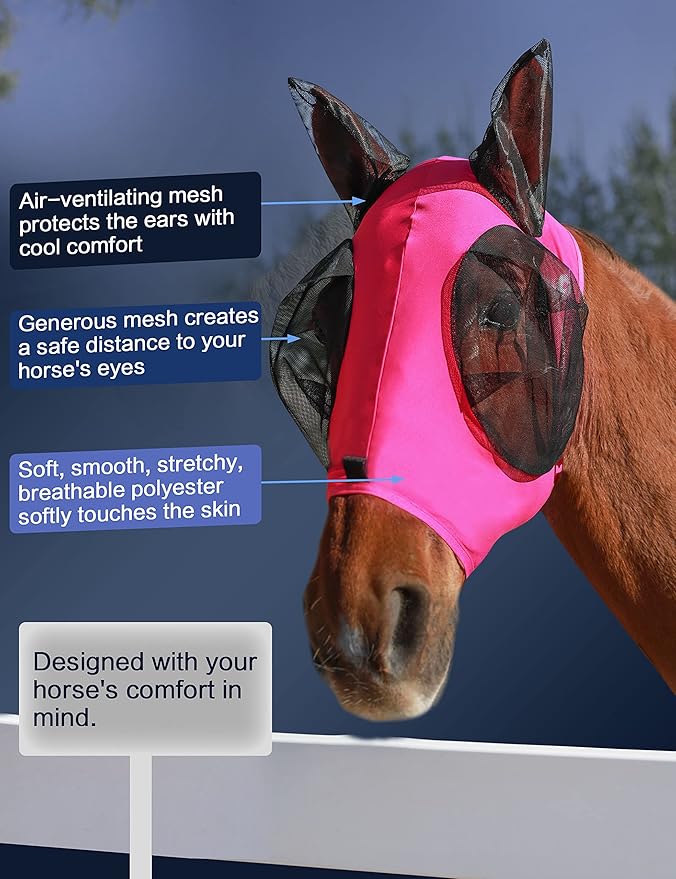 Horse Fly Mask Generous&amp;Fine Mesh Eye Covers and Ears Elasticity Mask Snug Fitting Comfortable Breathable Lightweight Equine Stretchy Protection for Horses Hot Pink Full Size